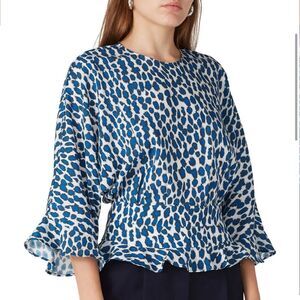 Derek Lam Crosby Leopard Ruffle Hem Top Sz 4 Animal Print Blue Maximalism Party